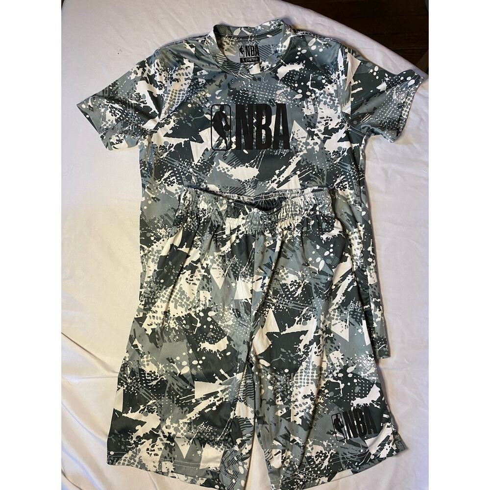 NBA Youth Large 14/16 Shirt & Shorts Set Gray Camo Athletic Outfit Boys